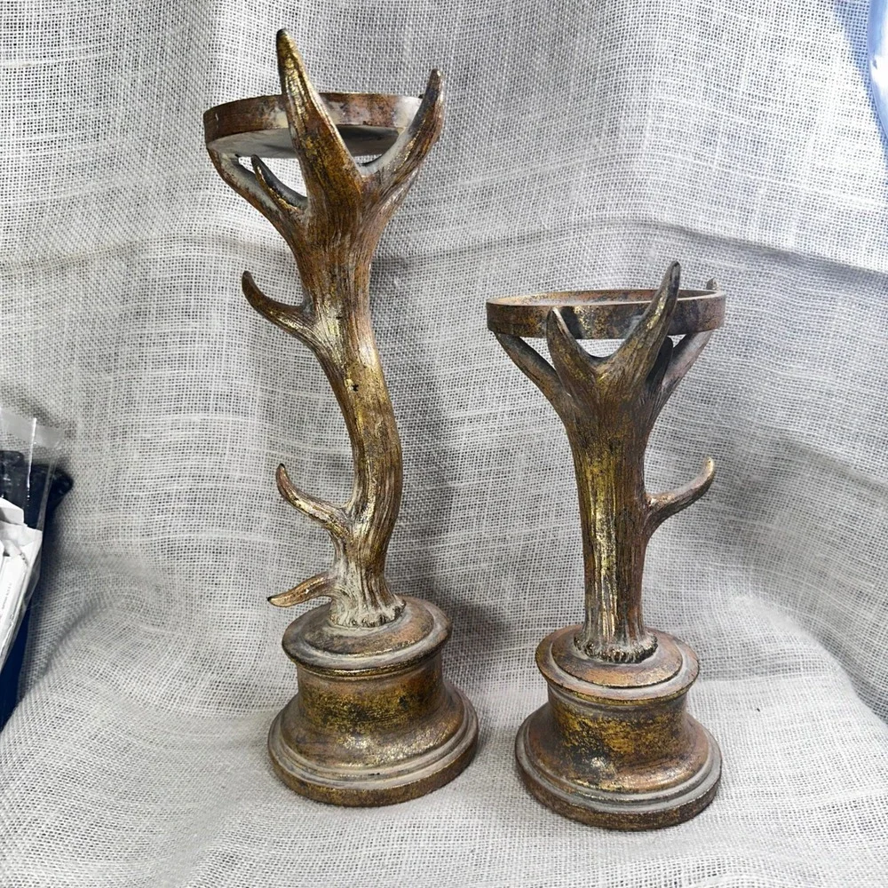 Rustic Faux Antler Candle‎ Holder Set Gold Bronze Distressed Lodge Decor 2 Piece